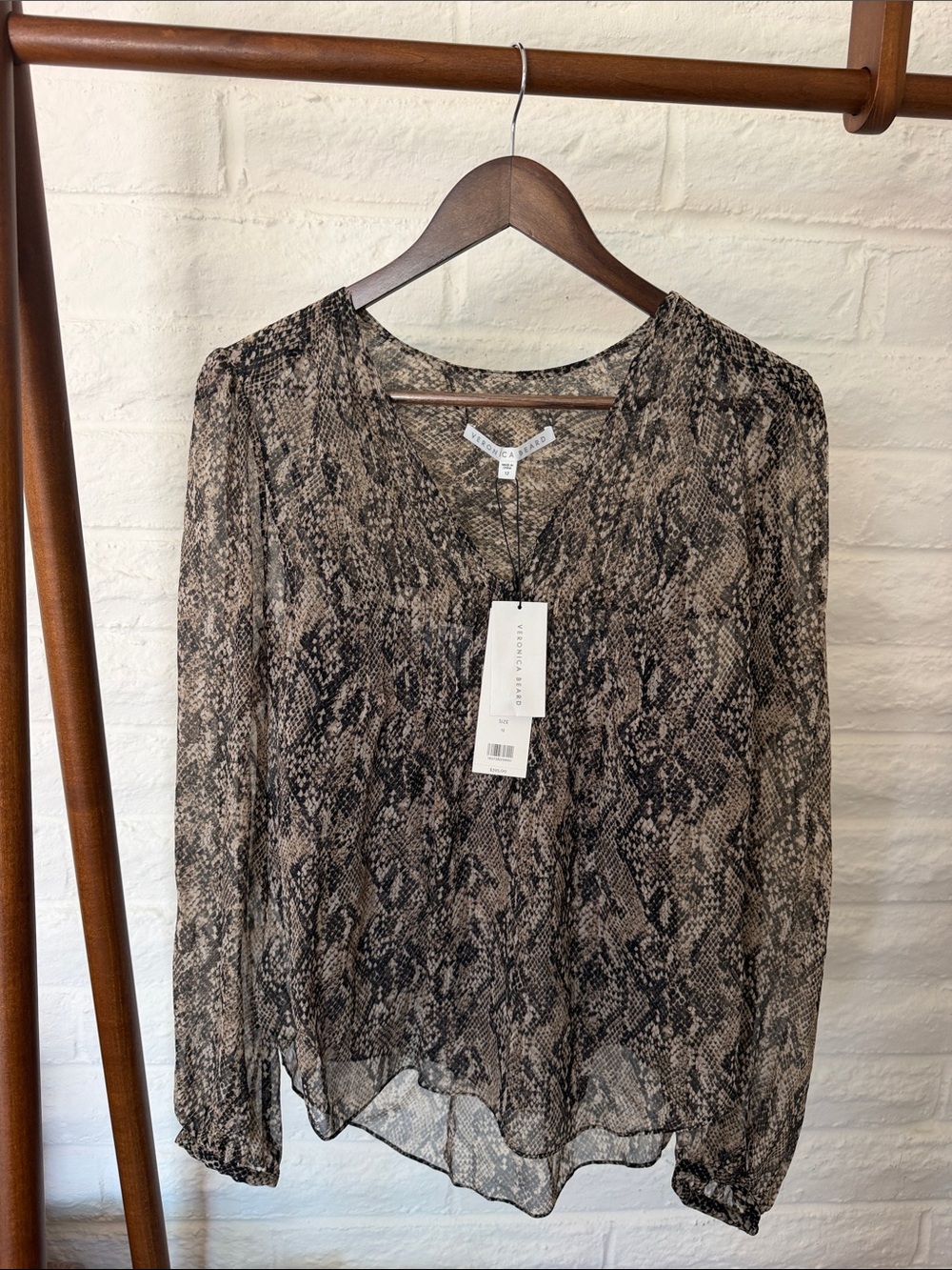 Veronica Beard 100% silk Taupe & Black Snake-Print V-Neck Blouse